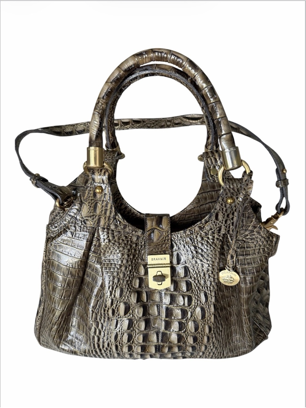 Brahmin Melbourne Elisa Olive colored Signature Croc-Embossed bag.